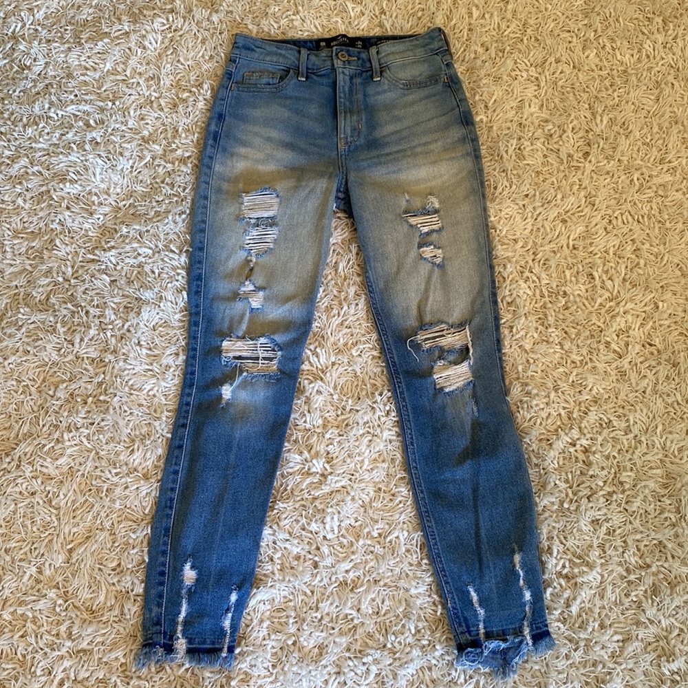 Hollister High Rise Ripped Super Skinny Crop Stretch Lt-Med Wash Blue Jeans w24